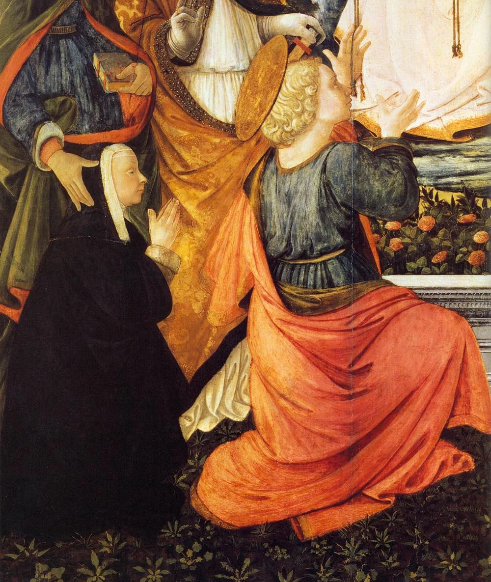 Madonna della Cintola. La Madonna assunta che dona la cintola a san Tommaso, tra san Gregorio, santa Margherita, sant'Agostino, l'angelo Raffaele e Tobiolo - Museo di Palazzo Pretorio, Prato, dettaglio